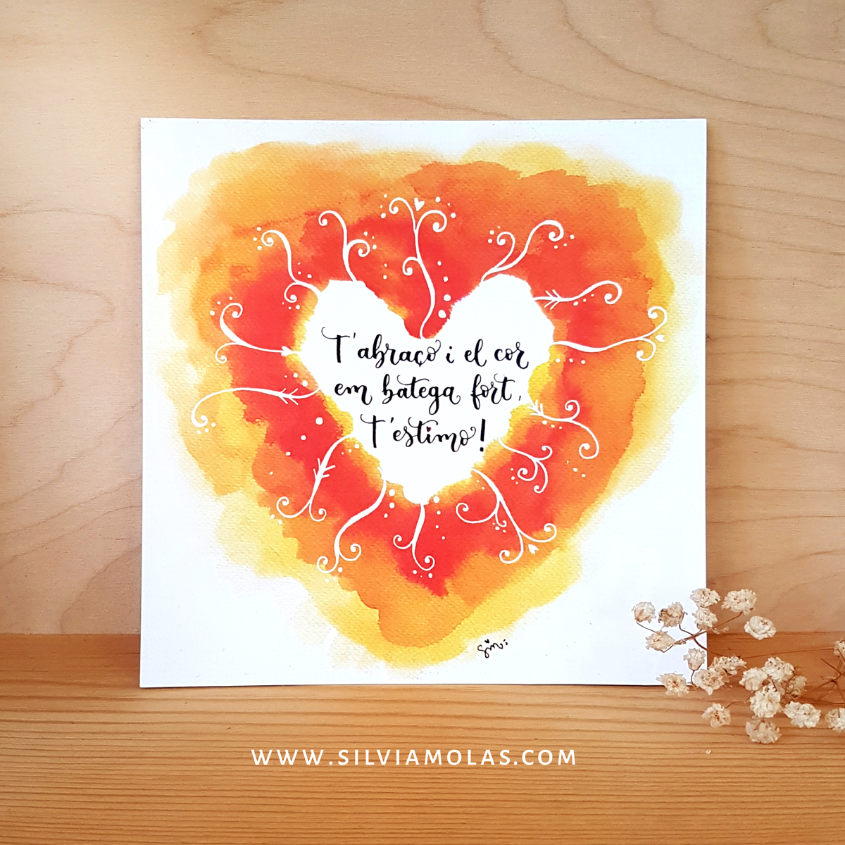 Làmina 14x14 “T’abraço i el cor em batega fort, t’estimo! ”
