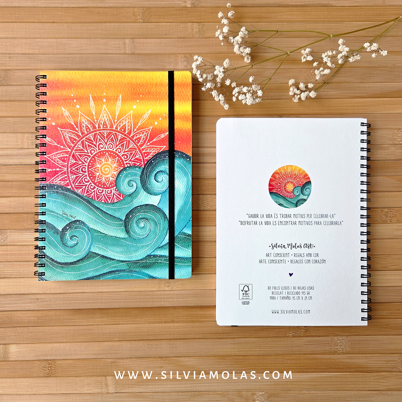 Llibreta A5 (15x21 cm) “Sol i onades” Gaudir la vida és trobar motius per celebrar-la.