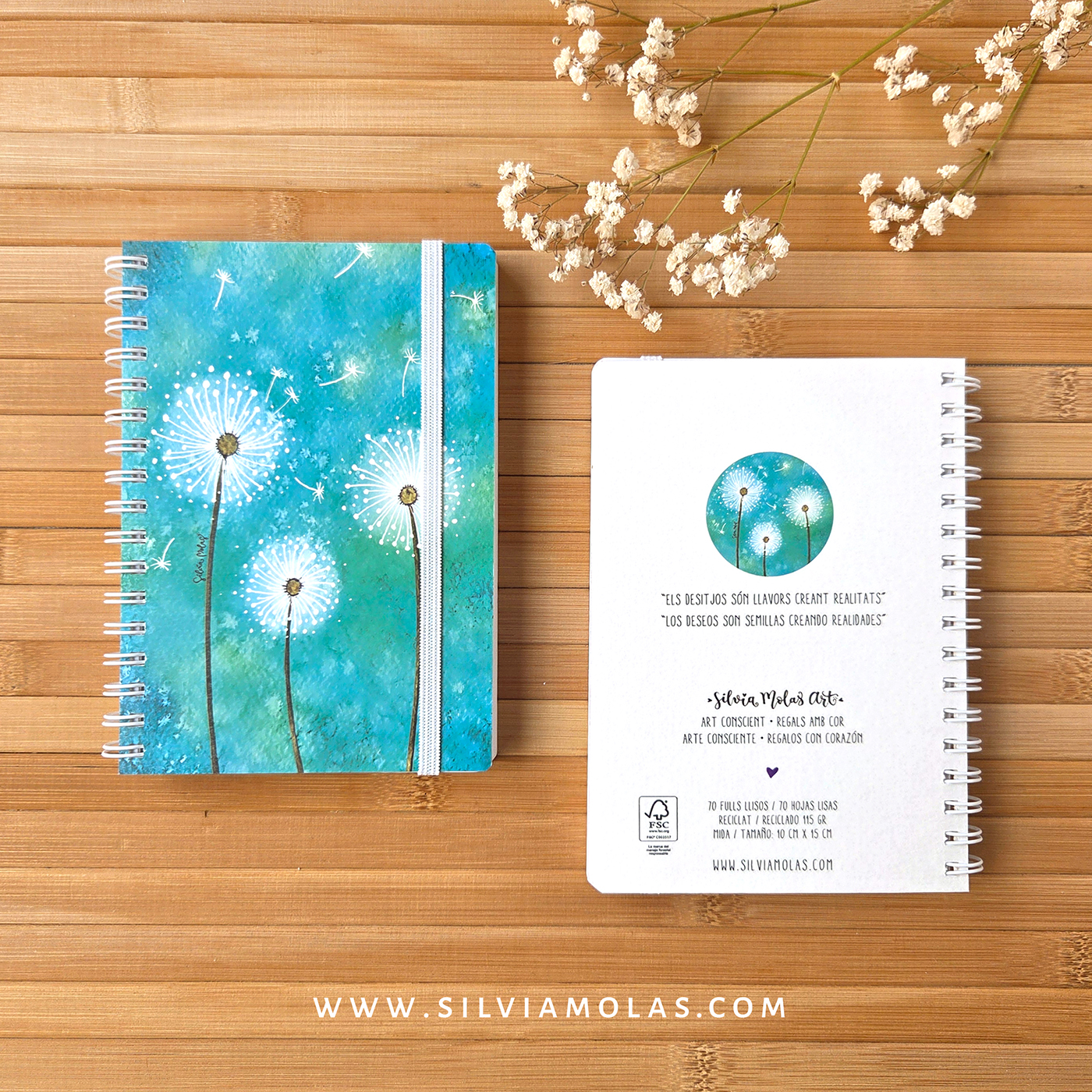 Llibreta 10x15 cm “Dent de lleó turquesa” Els desitjos són llavors creant realitats.