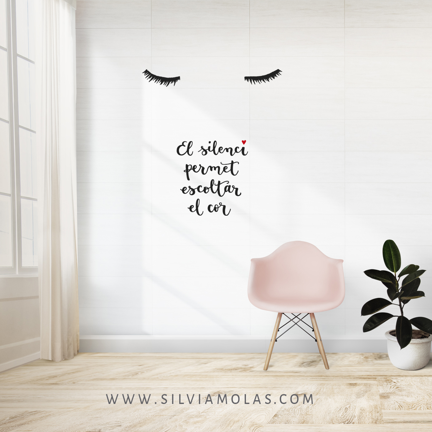 Pink chair and a plant against a wall mockup